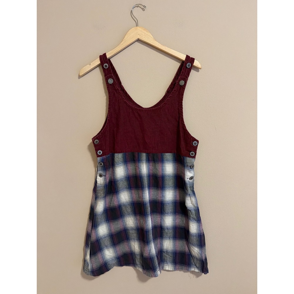 Vintage Corduroy Plaid Pinafore Dress Womens Medium Burgundy